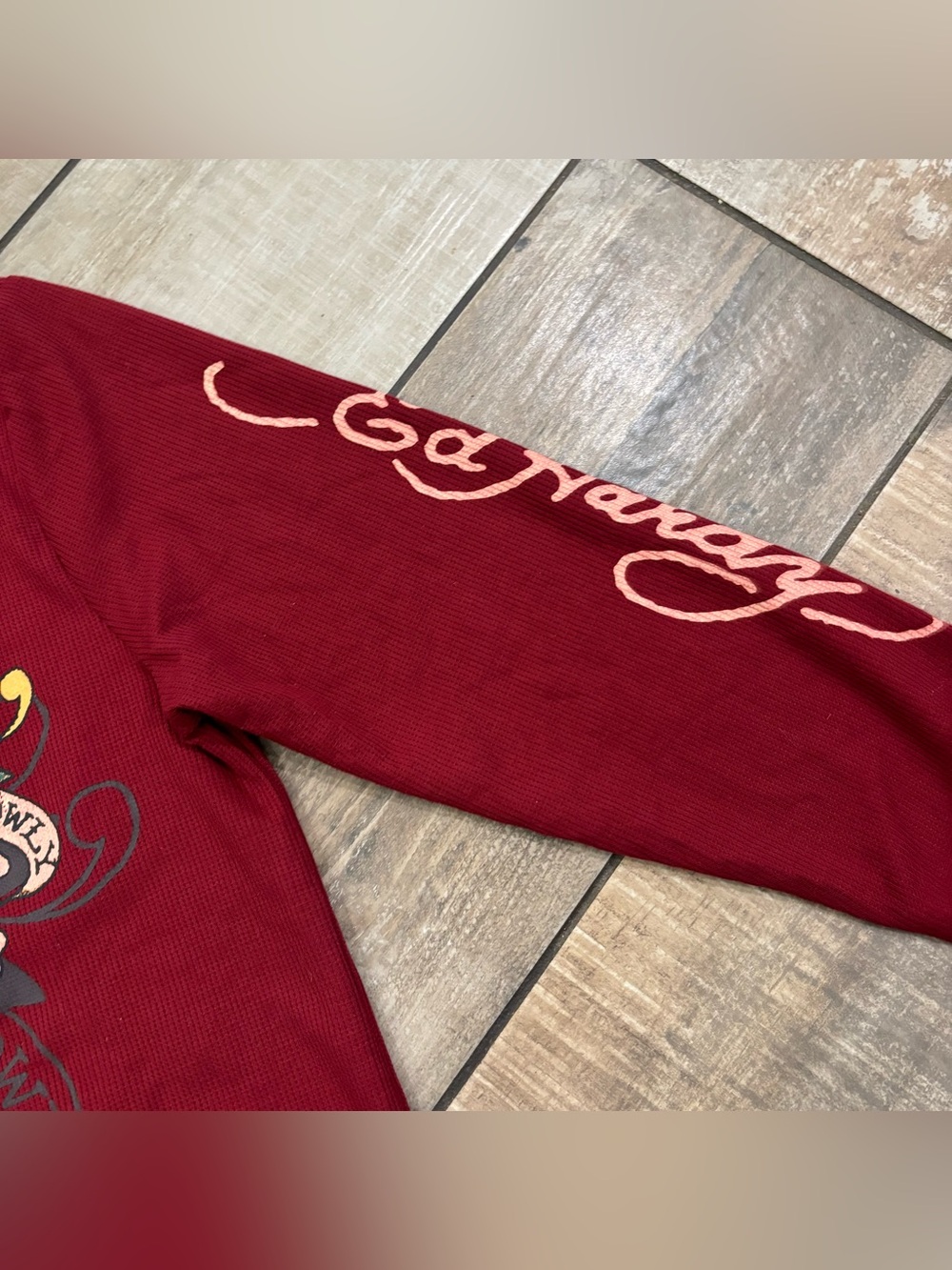 Ed Hardy Y2K Style Thermal Long Sleeve Mens S Burgundy Tiger Tattoo Waffle Knit - Picture 3 of 6